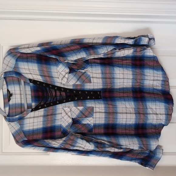 Express Women's Plaid Lace-Up Blouse - Blue and White - Picture 1 of 3